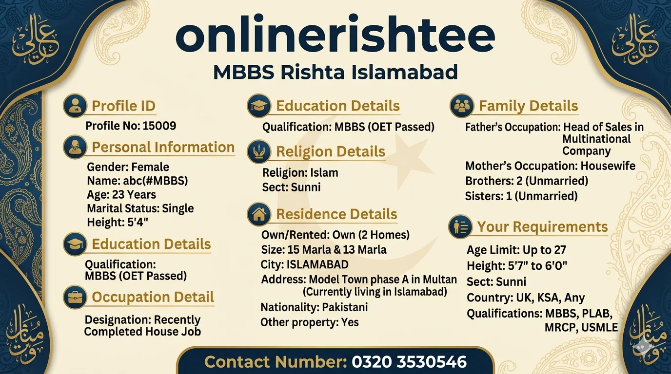 MBBS Rishta Islamabad | Educated MBBS Pakistan Profile 15009