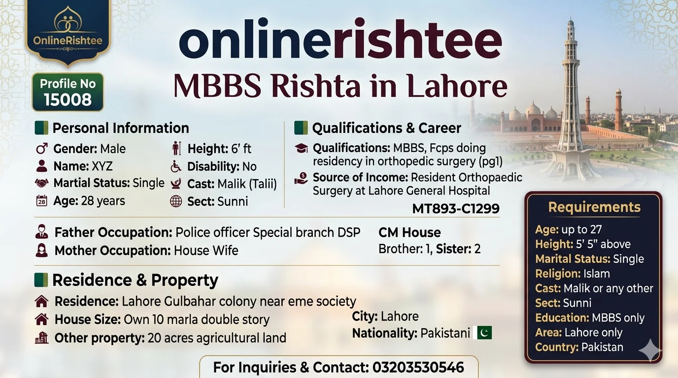 MBBS Rishta in Lahore | Doctor Groom Profile 15008
