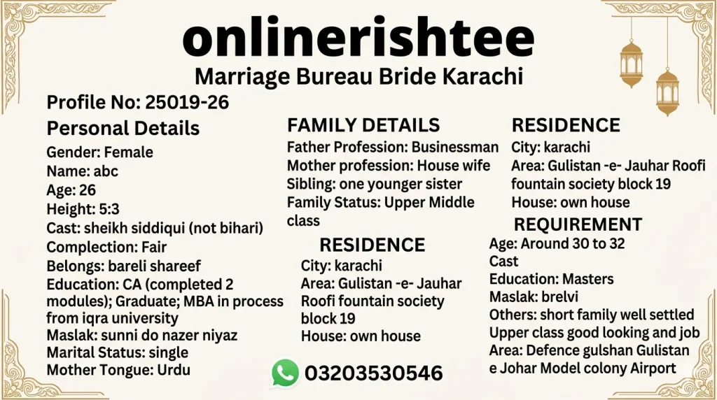 Marriage Bureau Bride Karachi